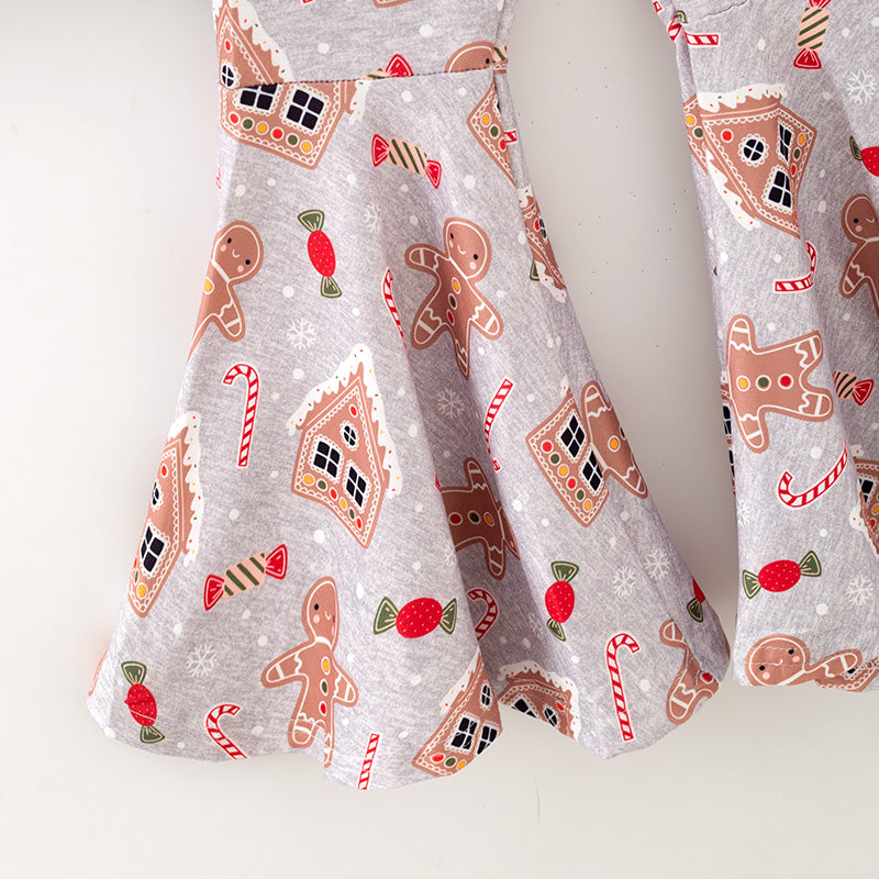 （In Stock）Girls Christmas Gingerbread Print Outfit Set