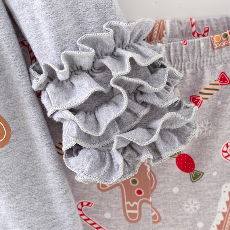 （In Stock）Girls Christmas Gingerbread Print Outfit Set