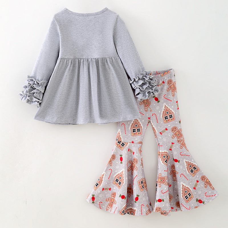 （In Stock）Girls Christmas Gingerbread Print Outfit Set