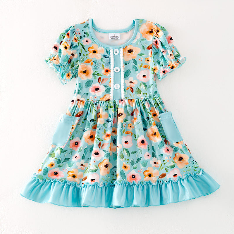 （In Stock）Girls Spring and Summer Floral Print Dress