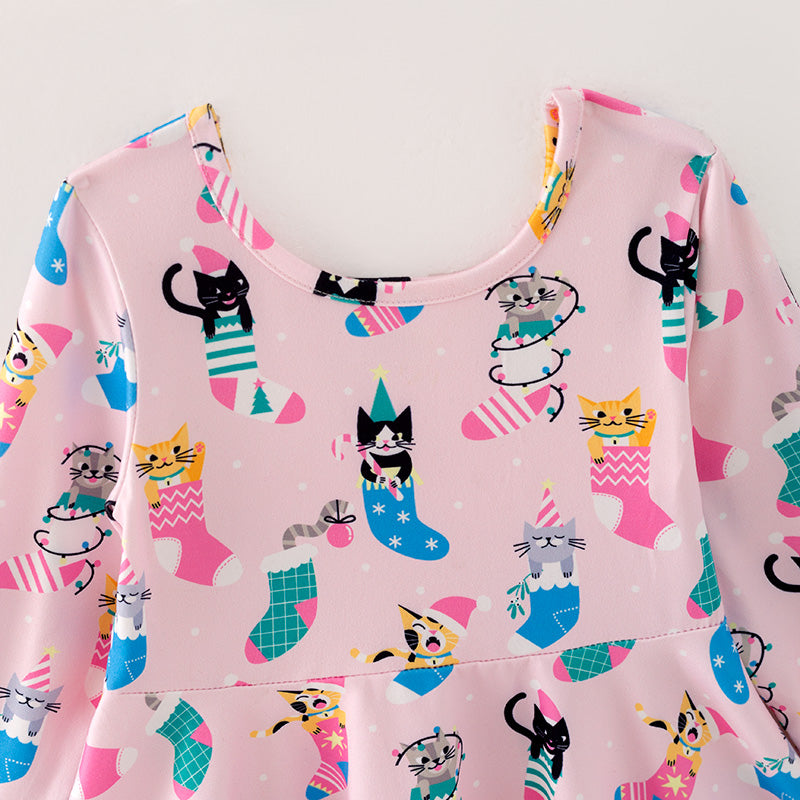 （In Stock L28-05-01）Girls Christmas Kitty Print Dress