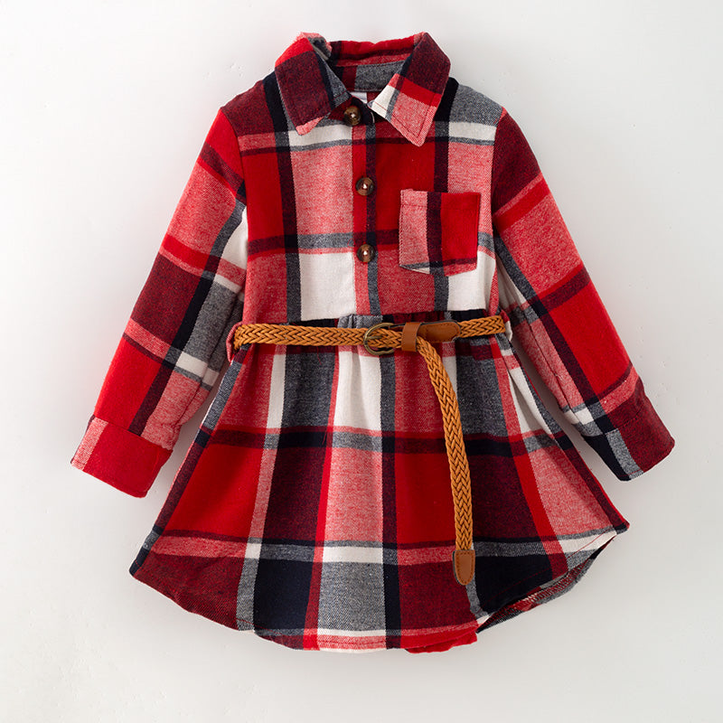 （In Stock）Girls Christmas Red Plaid Dress with Belt
