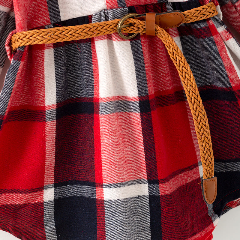（In Stock）Girls Christmas Red Plaid Dress with Belt