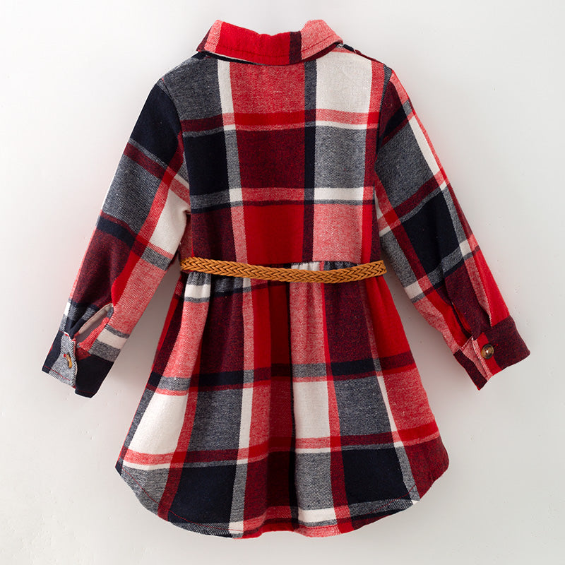 （In Stock）Girls Christmas Red Plaid Dress with Belt