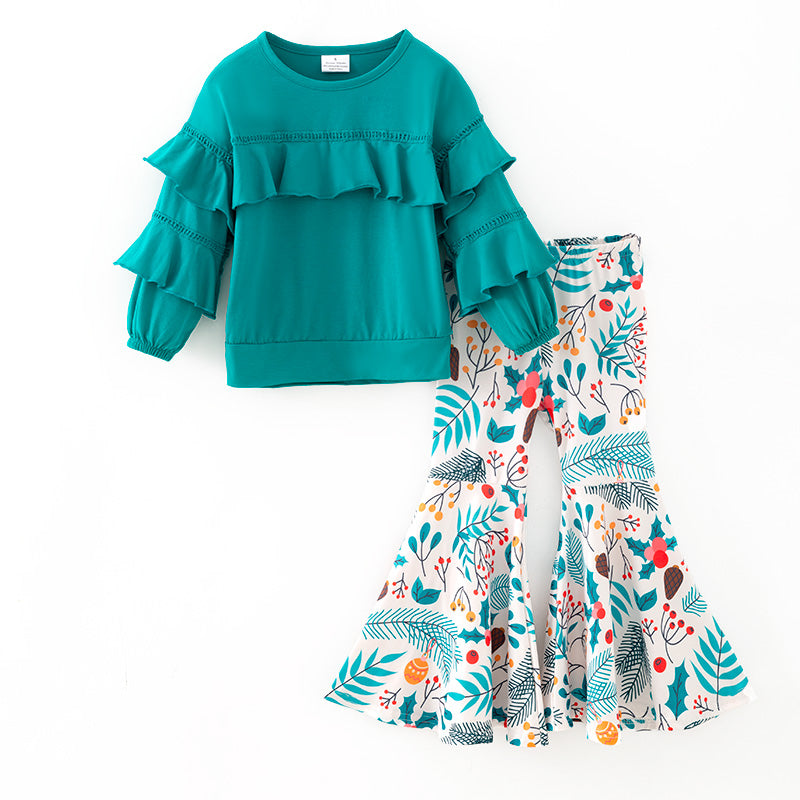 （In Stock）Girls Fall&Winter Turquoise Cotton Top Floral Print Pants Set