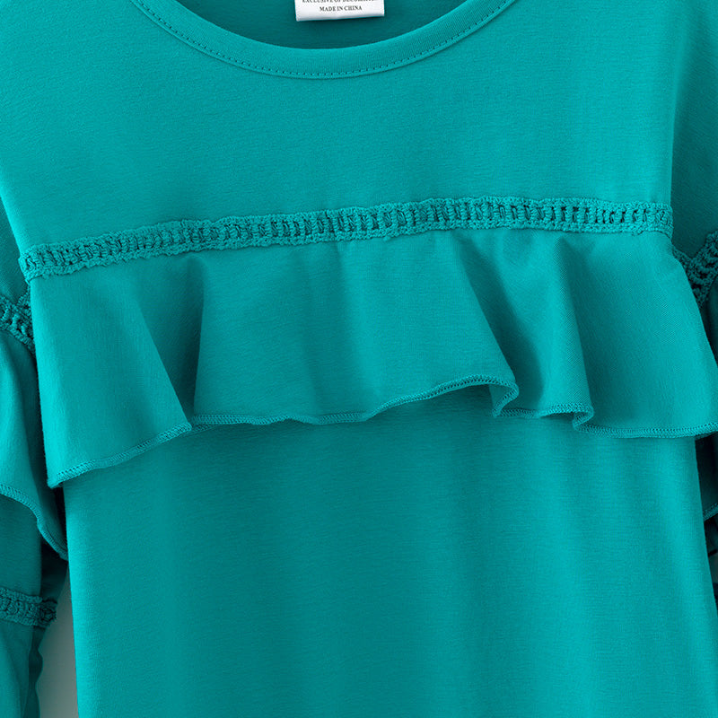 （In Stock）Girls Fall&Winter Turquoise Cotton Top Floral Print Pants Set