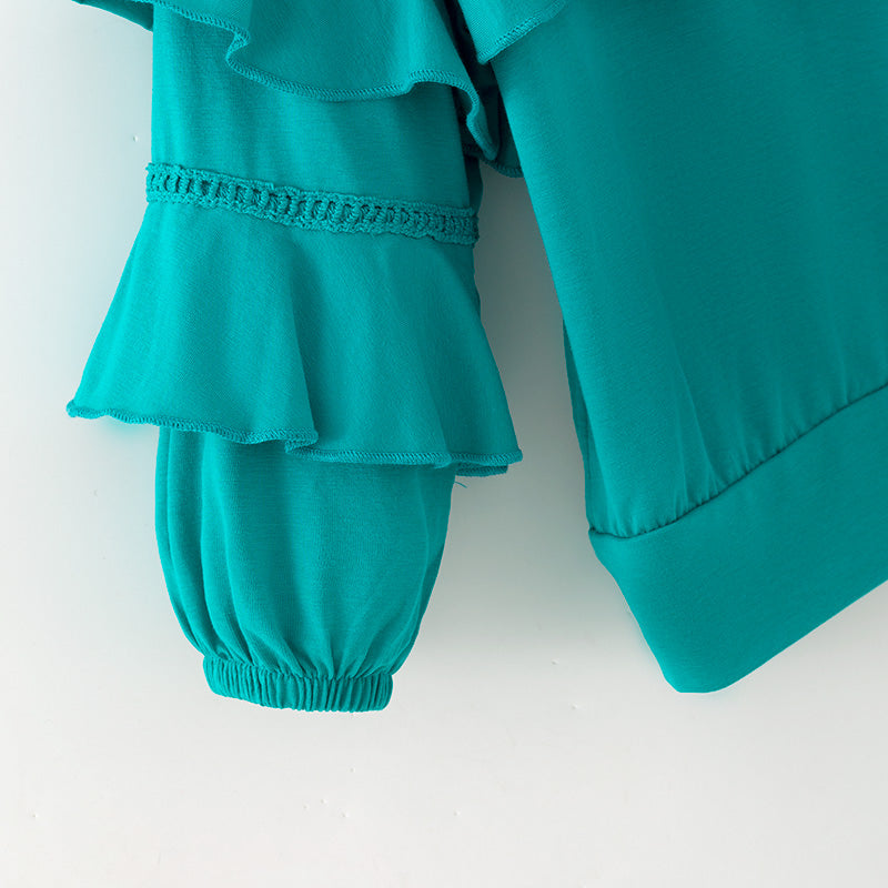 （In Stock）Girls Fall&Winter Turquoise Cotton Top Floral Print Pants Set