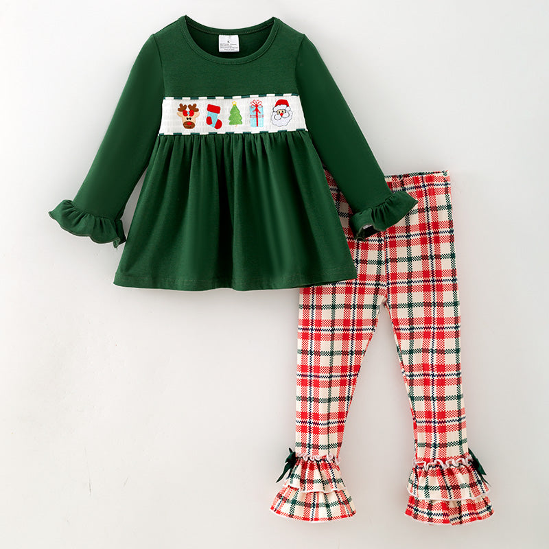 （In Stock）Girls Christmas Embroidery Smocked Ruffle Outfit Set