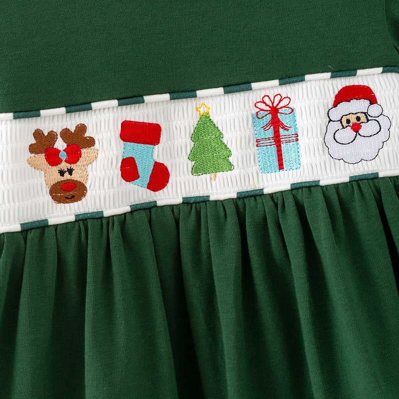 （In Stock）Girls Christmas Embroidery Smocked Ruffle Outfit Set