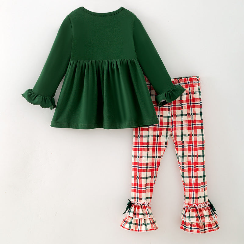 （In Stock）Girls Christmas Embroidery Smocked Ruffle Outfit Set