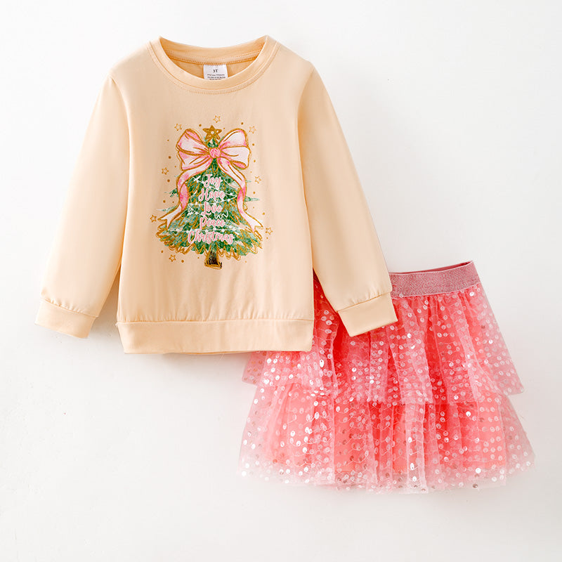 （In Stock）Girls Christmas Tree Print Tulle Skirt Set