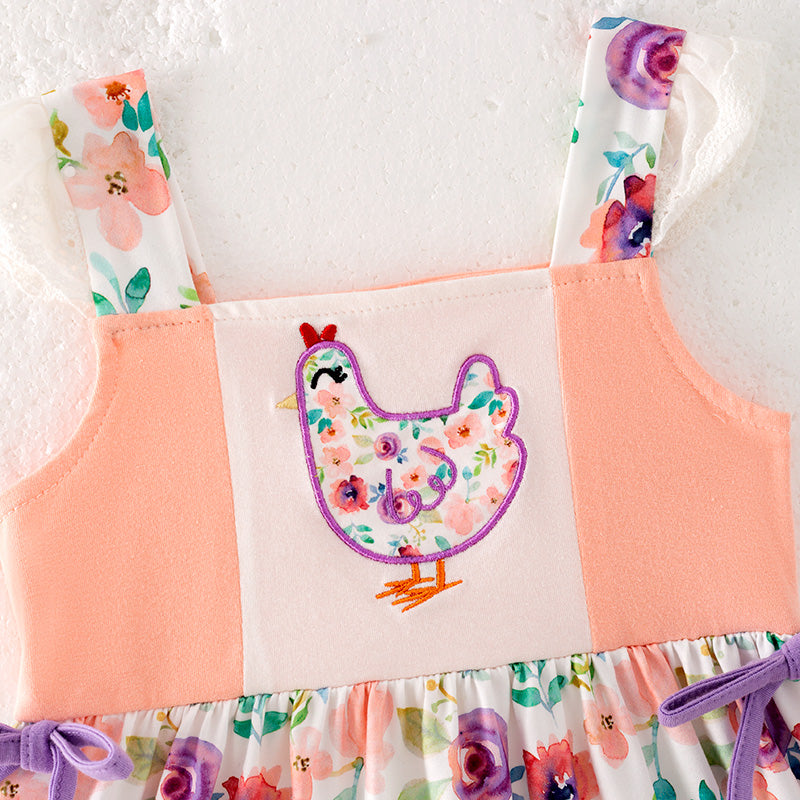 （In Stock）Girls Spring and Summer Chick Applique Dress