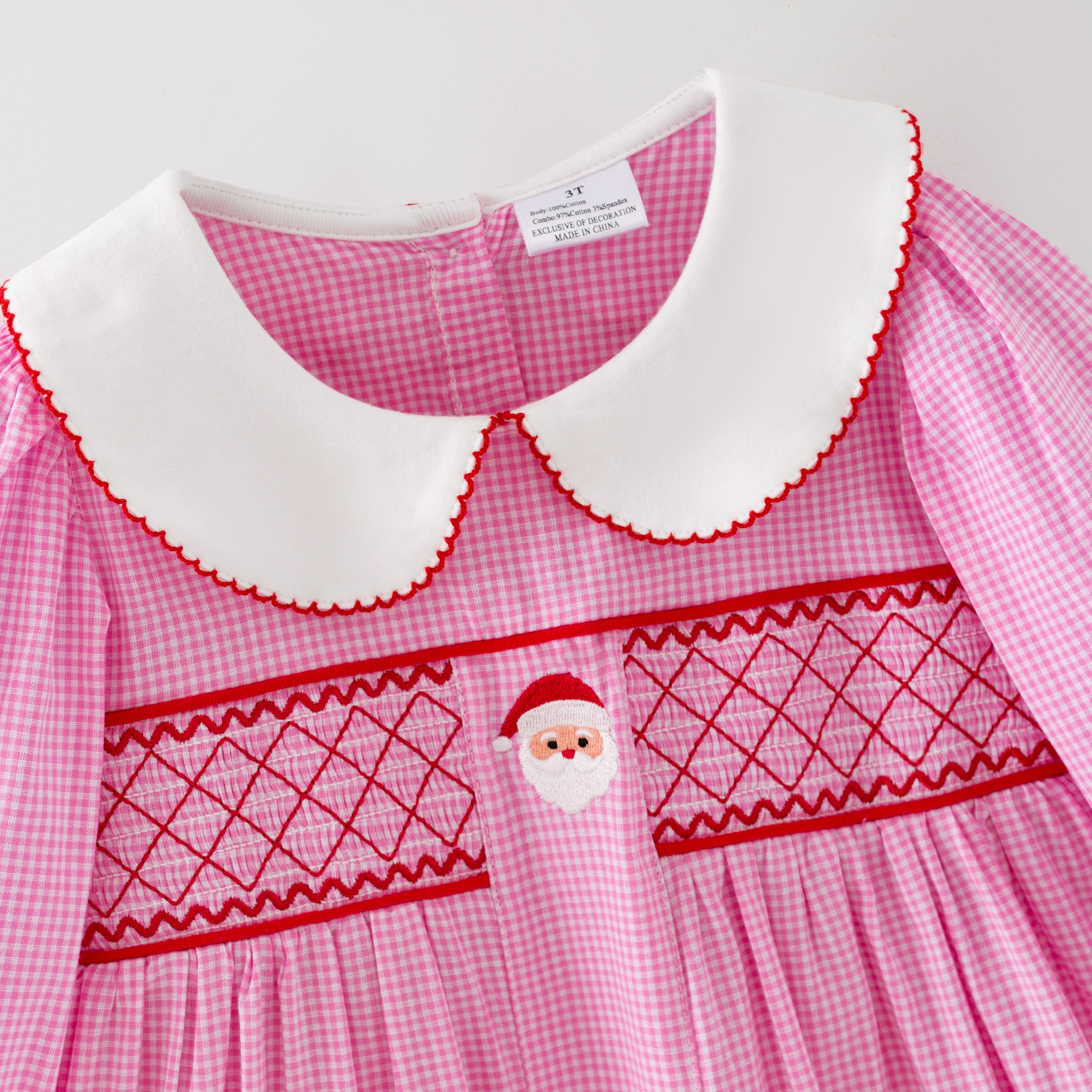 （In Stock）Girls Christmas Embroidery Smocked Cotton Dress