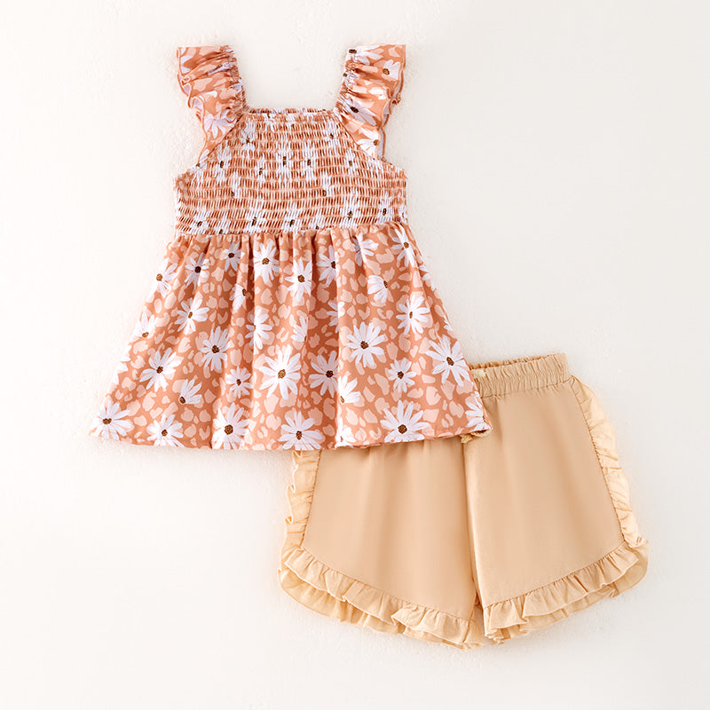 （In Stock）Girls Spring and Summer Daisy Print Smocked Shorts Set