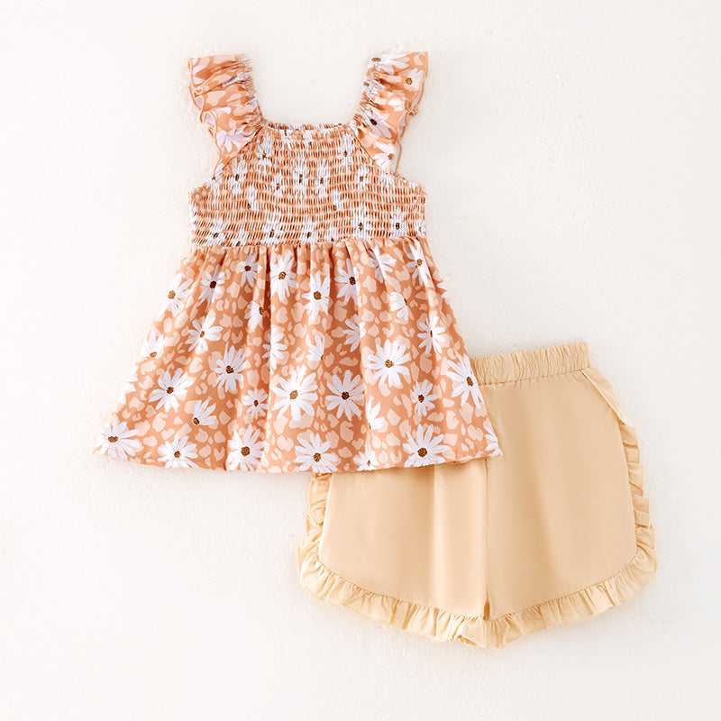 （In Stock）Girls Spring and Summer Daisy Print Smocked Shorts Set