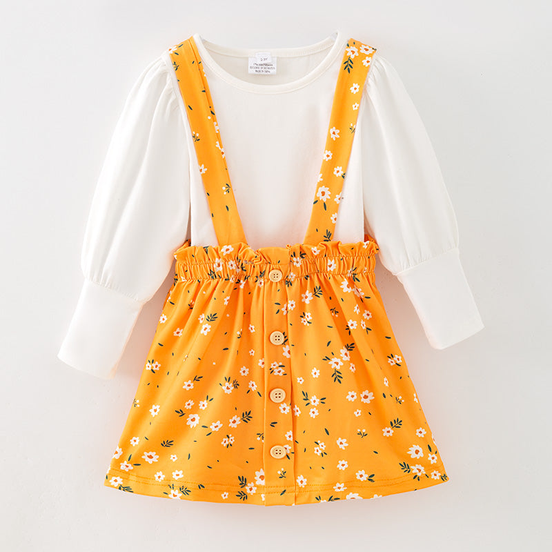 （In Stock）Girls Fall&Winter Floral Print Suspender Skirt Set