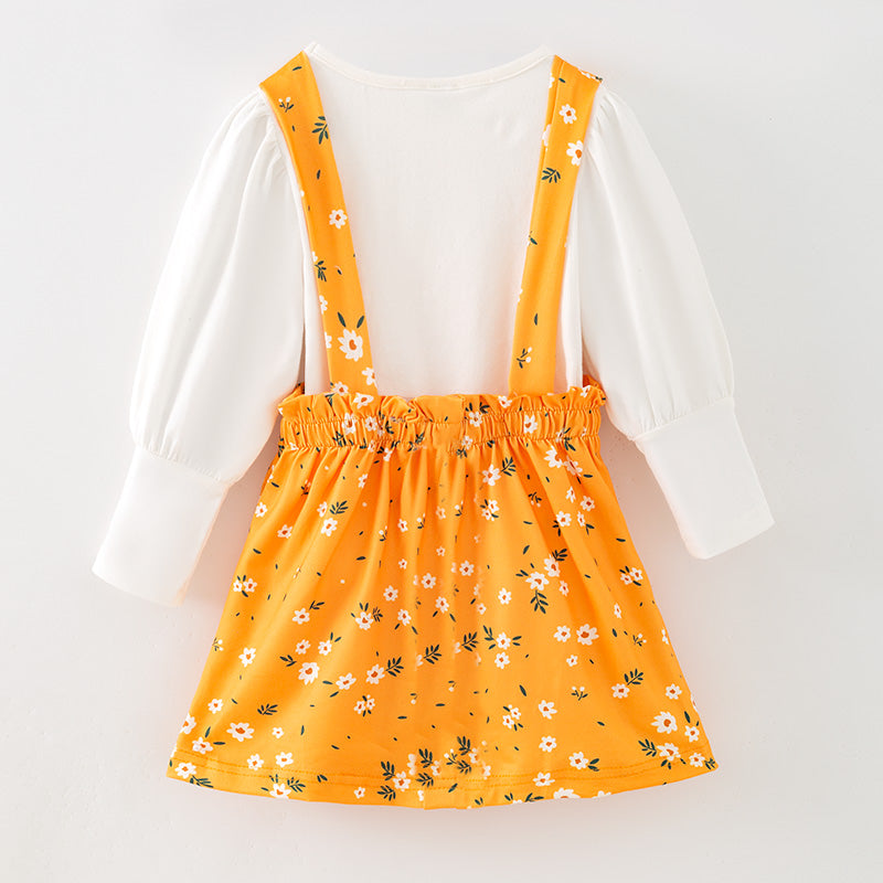 （In Stock）Girls Fall&Winter Floral Print Suspender Skirt Set