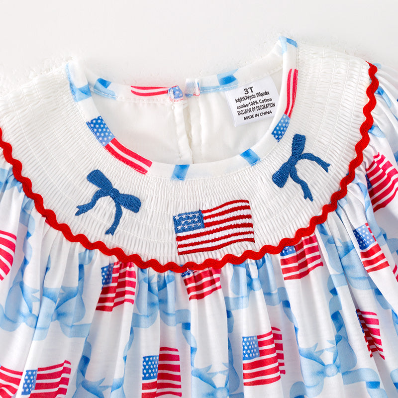 （In Stock）Girls Patriotic Embroidery Smocked Dress