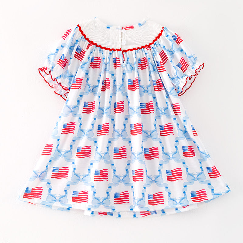 （In Stock）Girls Patriotic Embroidery Smocked Dress