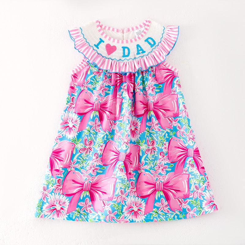 （In Stock）Girls Spring and Summer I♥DAD Embroidery Smocked Dress