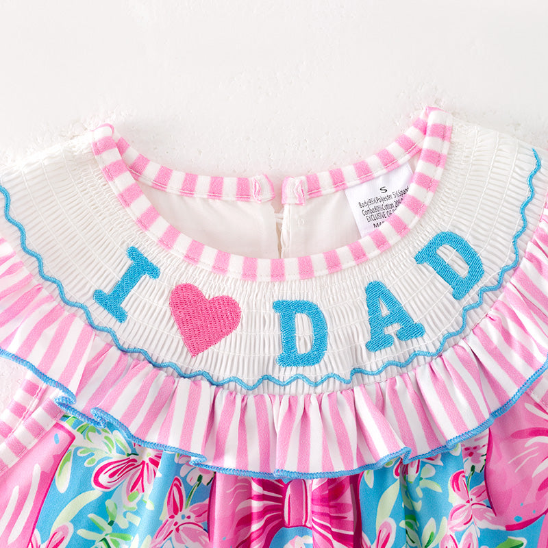 （In Stock）Girls Spring and Summer I♥DAD Embroidery Smocked Dress