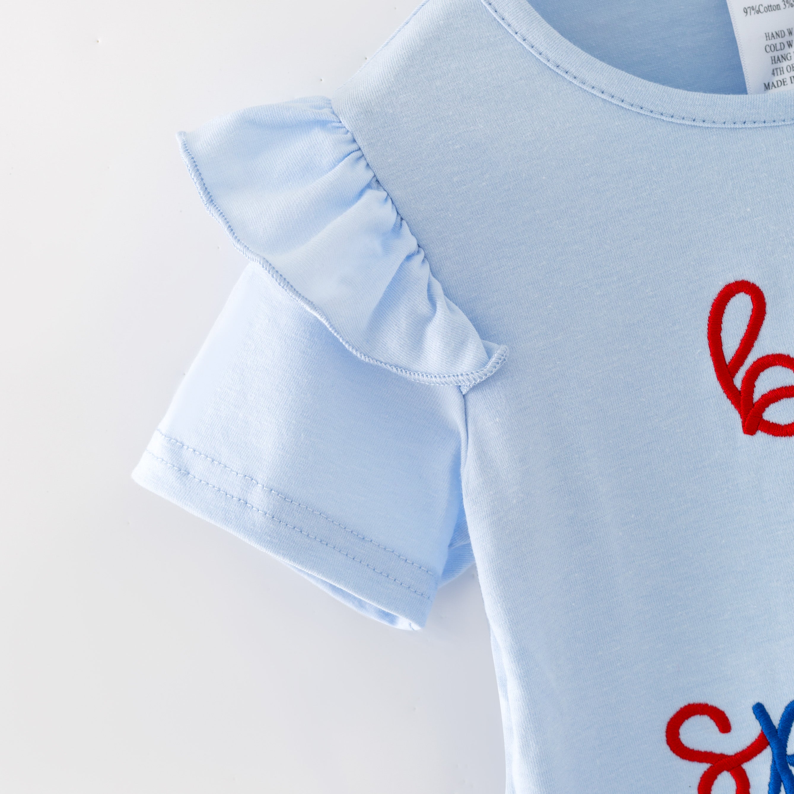 （In Stock）Girls Patriotic Born To Sparkle Embroidery Denim Shorts Set
