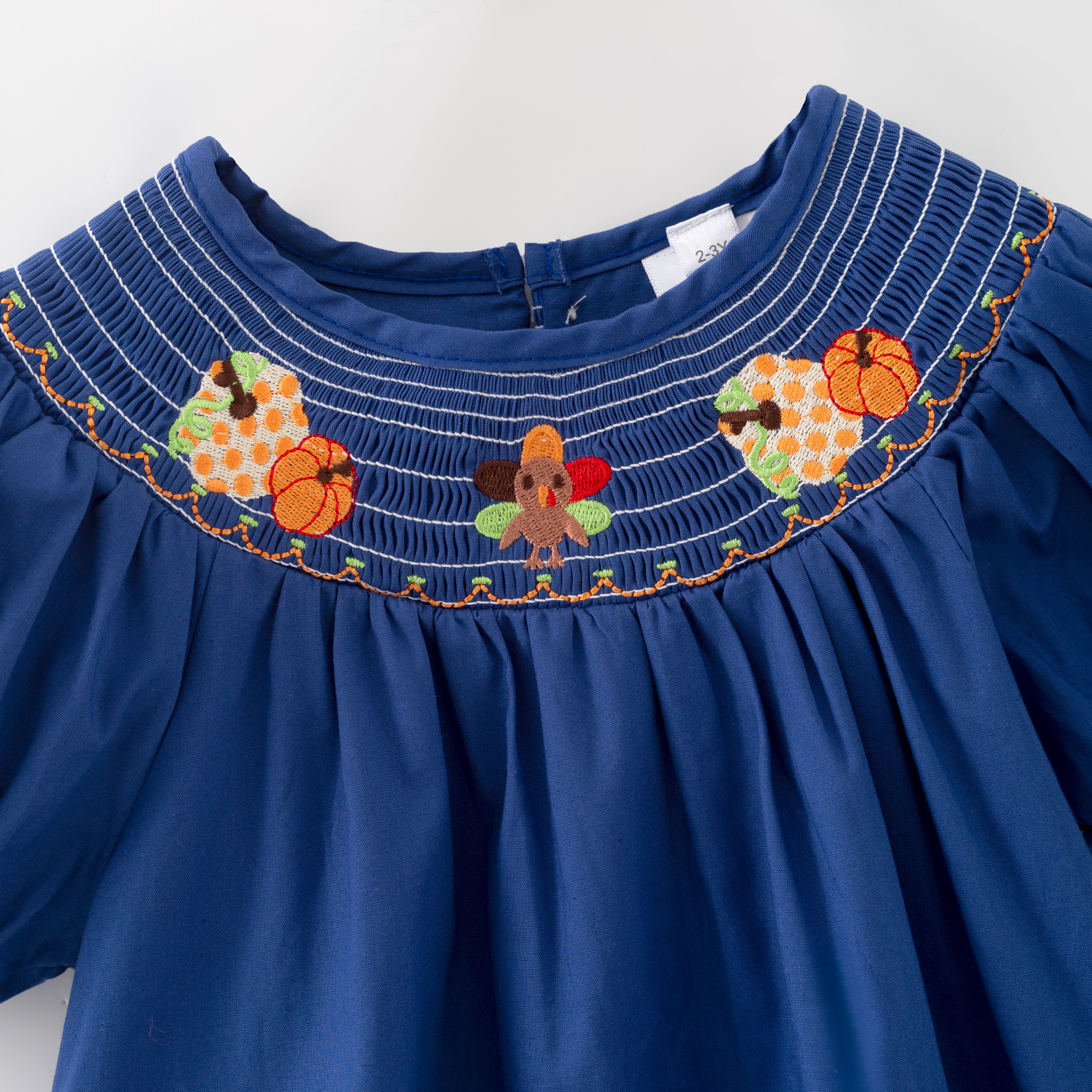 （In Stock）Girls Thanksgiving Turkey Embroidery Smocked Dress