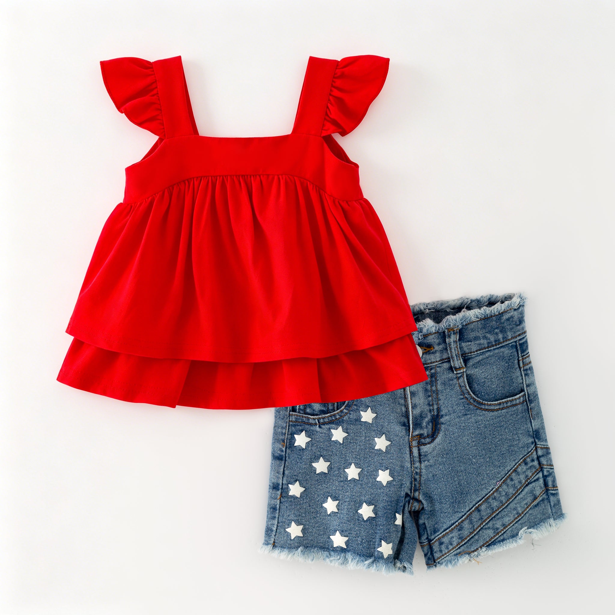 （In Stock）Girls Summer Patriotic Denim Shorts Set