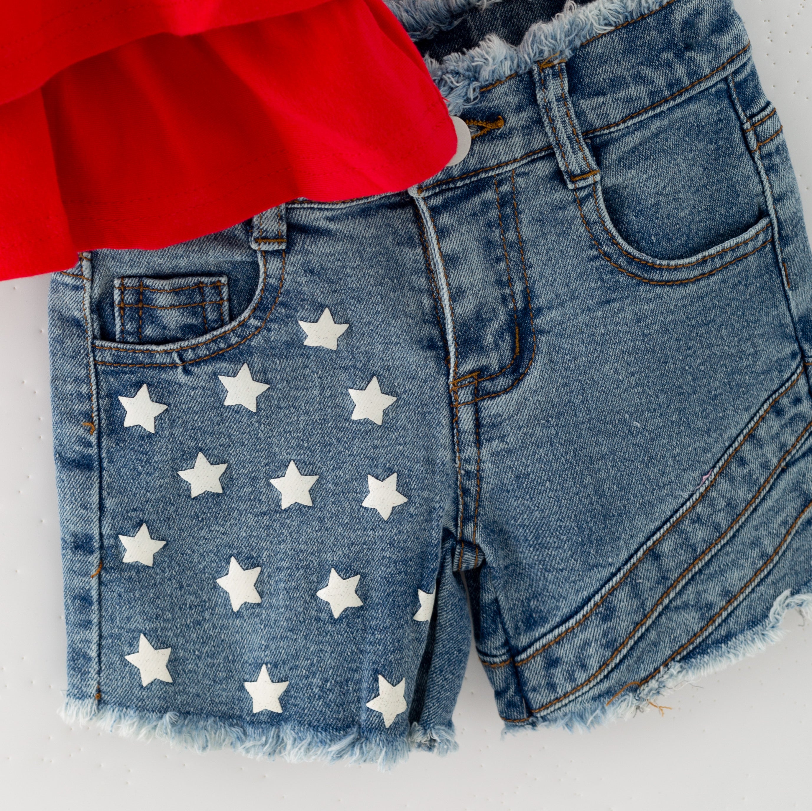 （In Stock）Girls Summer Patriotic Denim Shorts Set