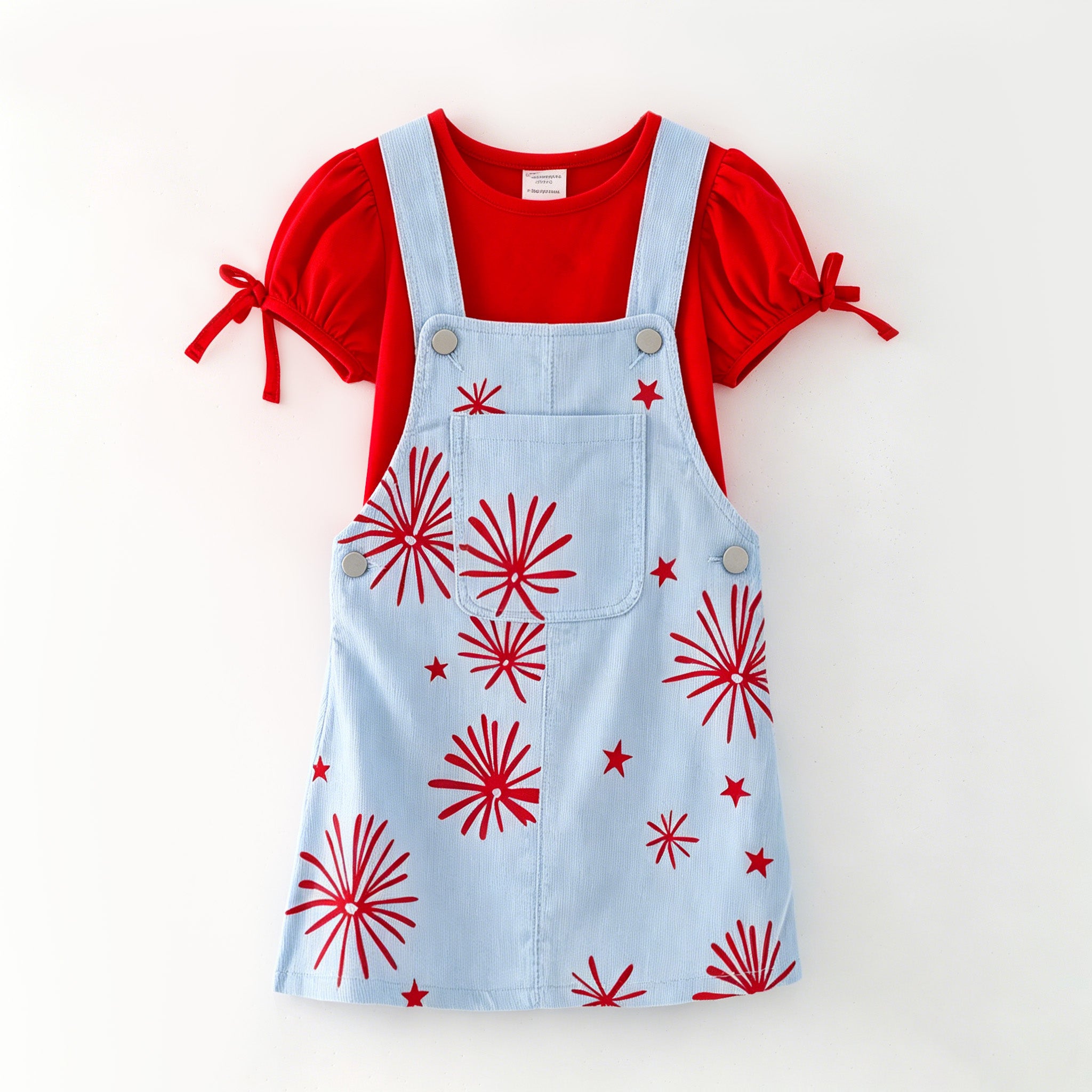 （In Stock）Girls Summer Patriotic Cotton Top Overall Dress Set