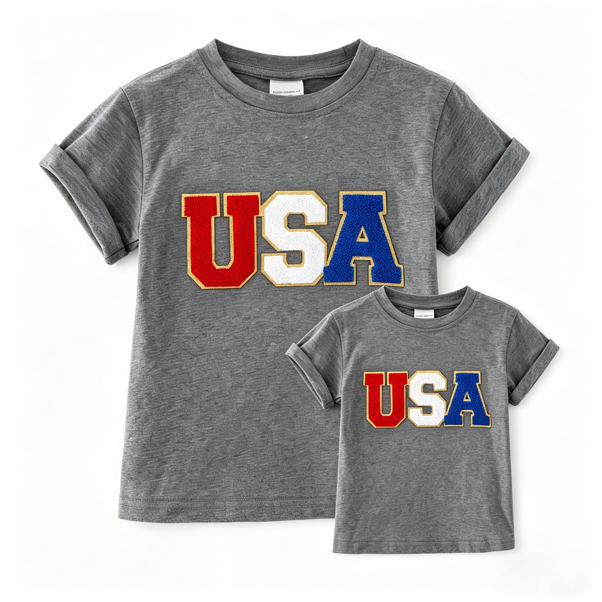 （In Stock）Mommy&Me Summer Patriotic Chenille Patches Grey Top