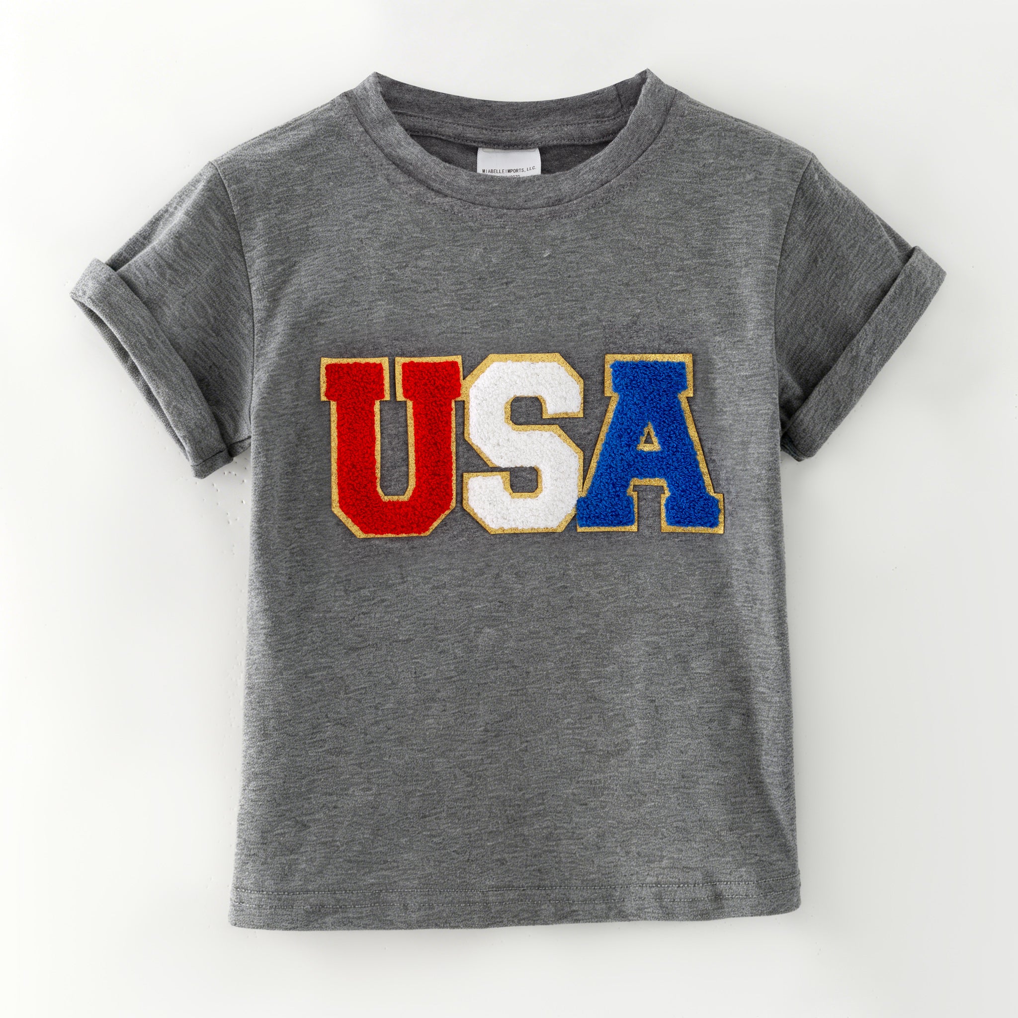 （In Stock）Mommy&Me Summer Patriotic Chenille Patches Grey Top