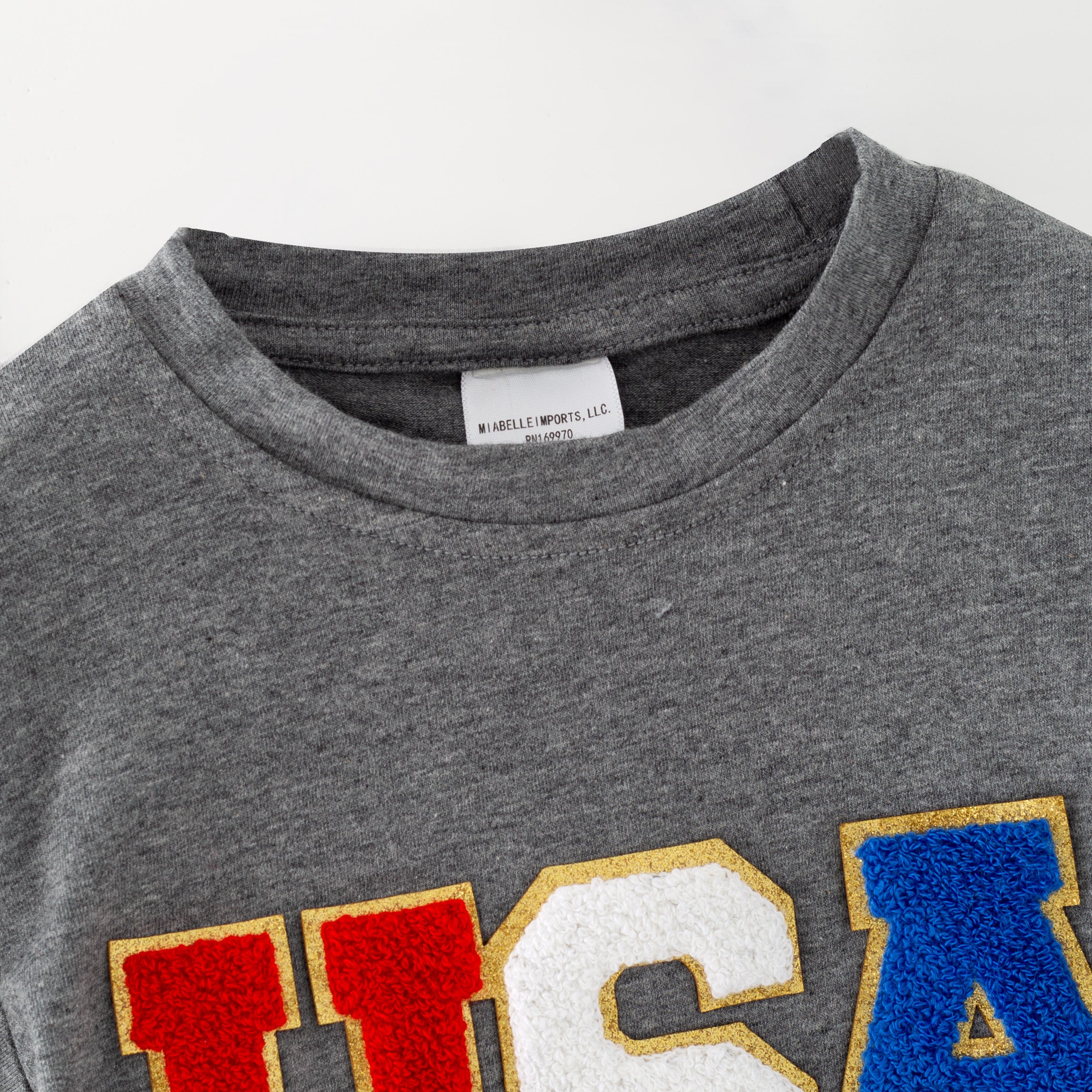 （In Stock）Mommy&Me Summer Patriotic Chenille Patches Grey Top