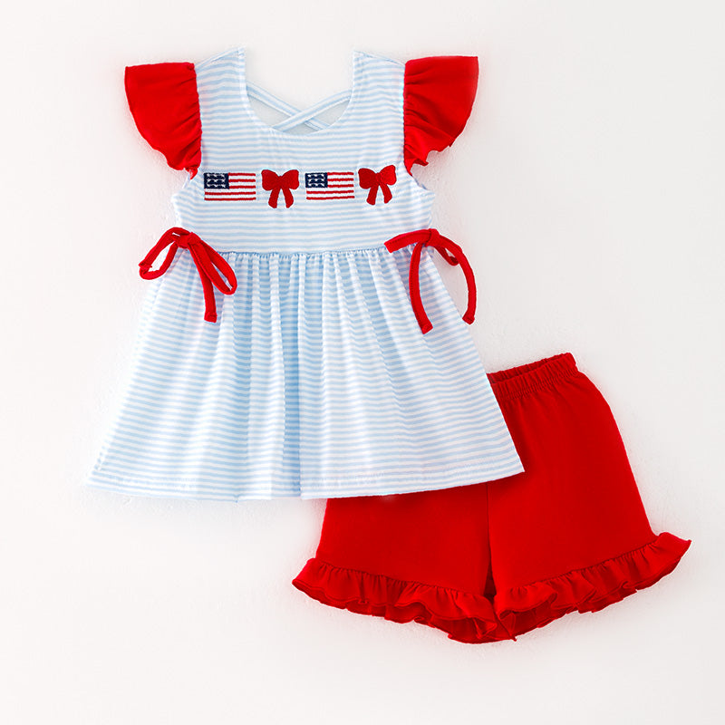 （In Stock）Girls Patriotic Embroidery Shorts Set