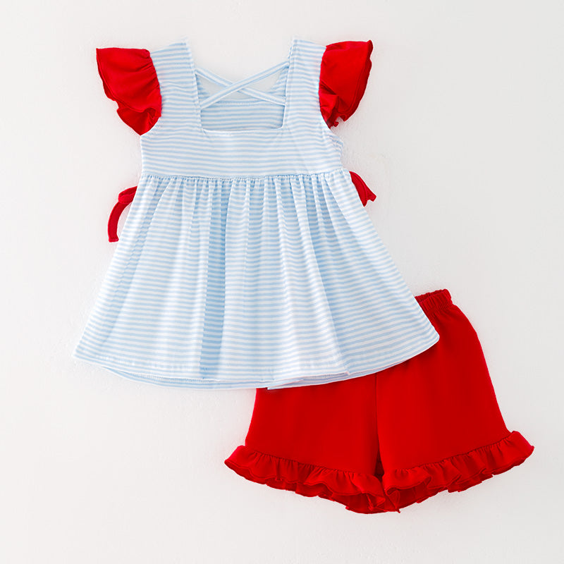 （In Stock）Girls Patriotic Embroidery Shorts Set