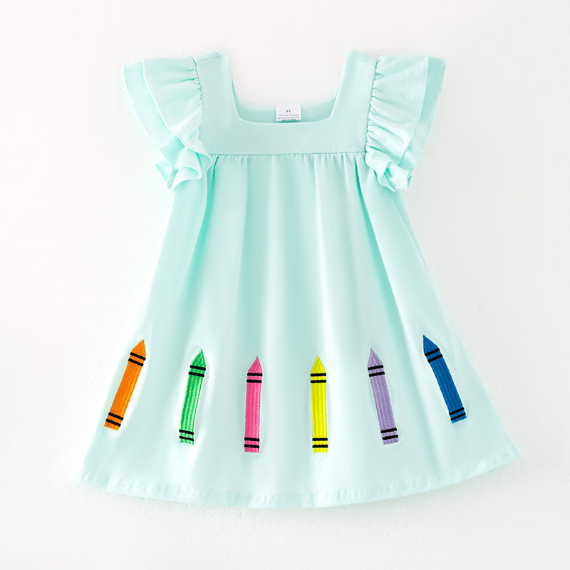 （In Stock）Girls Back To School Crayon Embroidery Cotton Dress