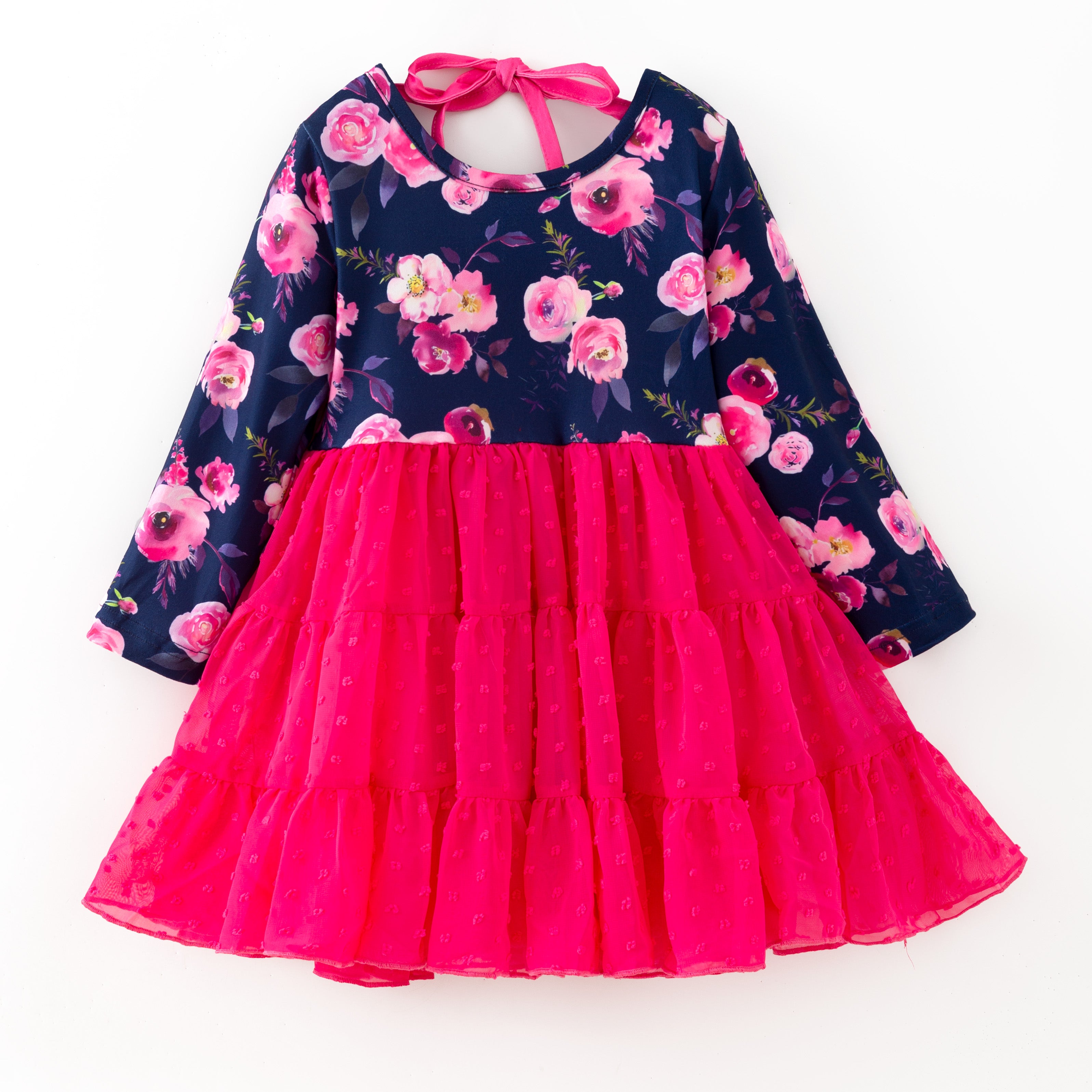（In Stock）Girls Fall&Winter Floral Print Swiss Dot Dress