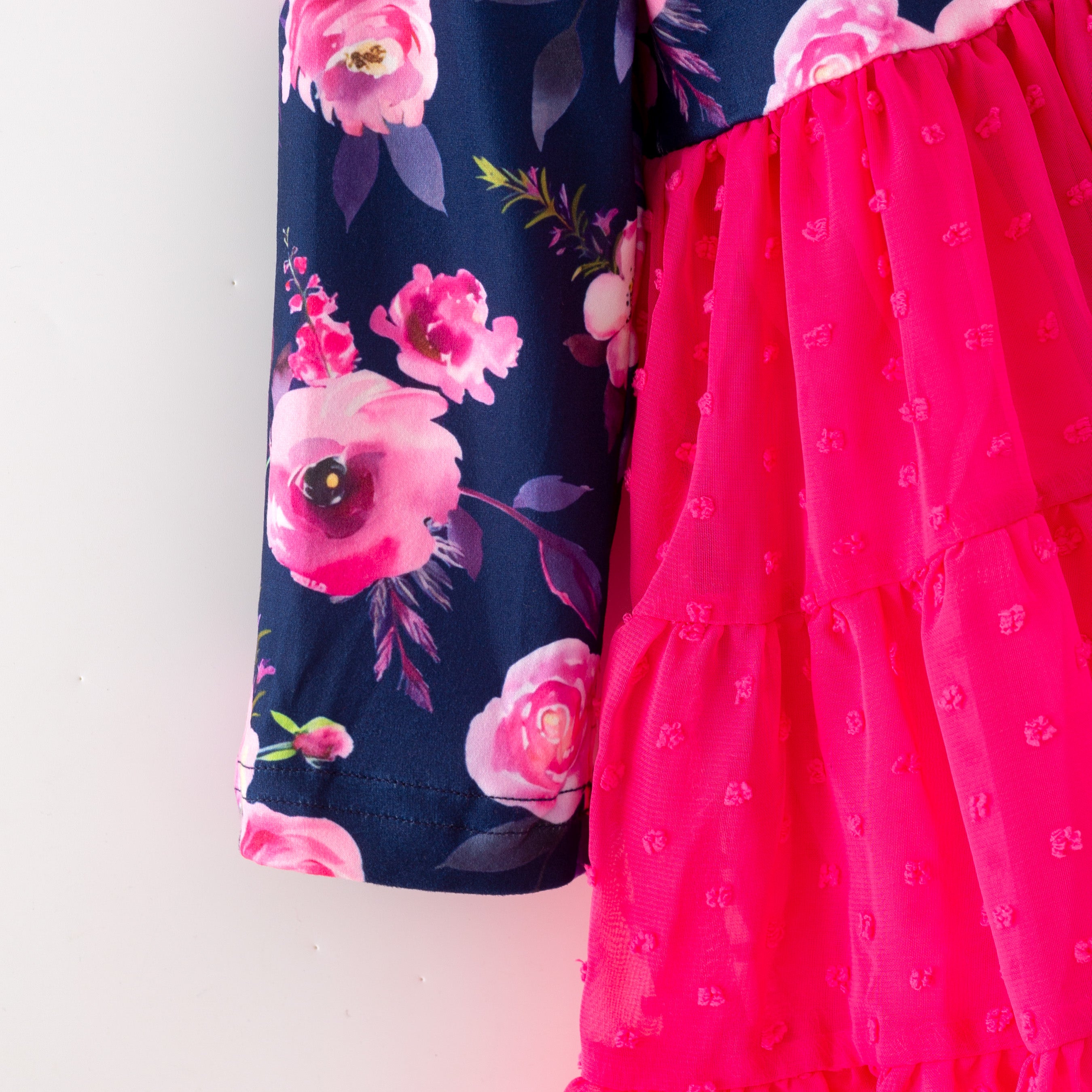 （In Stock）Girls Fall&Winter Floral Print Swiss Dot Dress