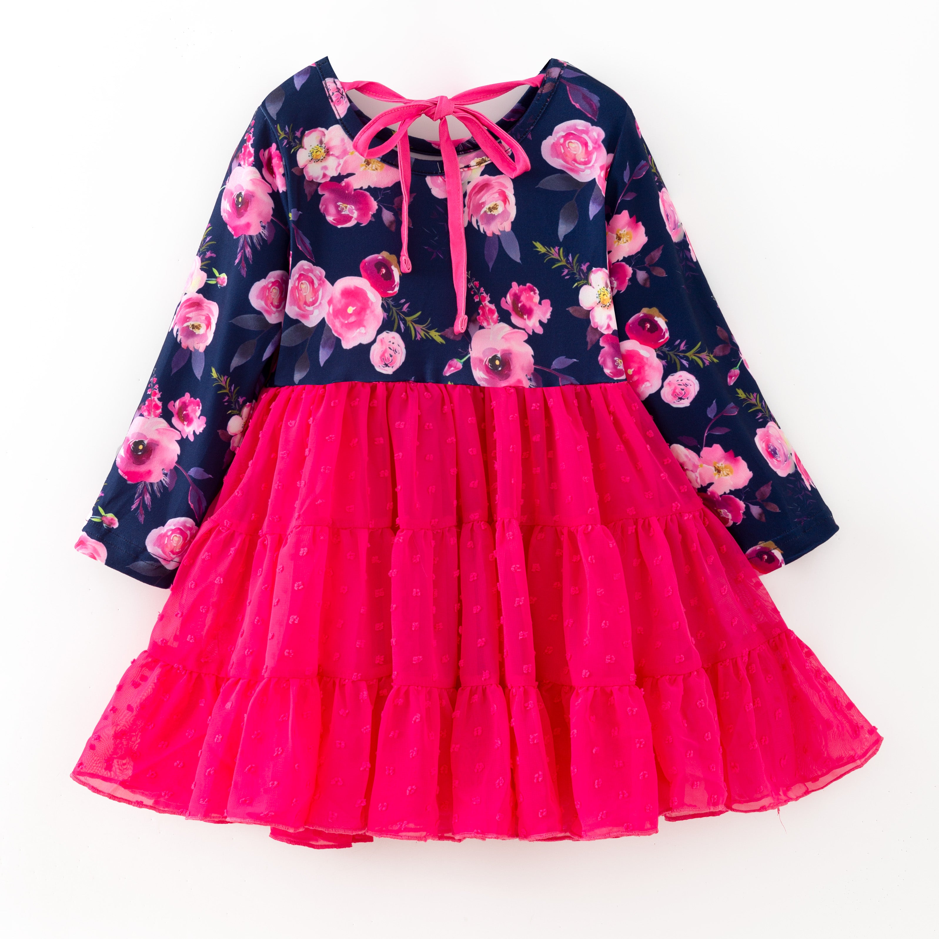 （In Stock）Girls Fall&Winter Floral Print Swiss Dot Dress
