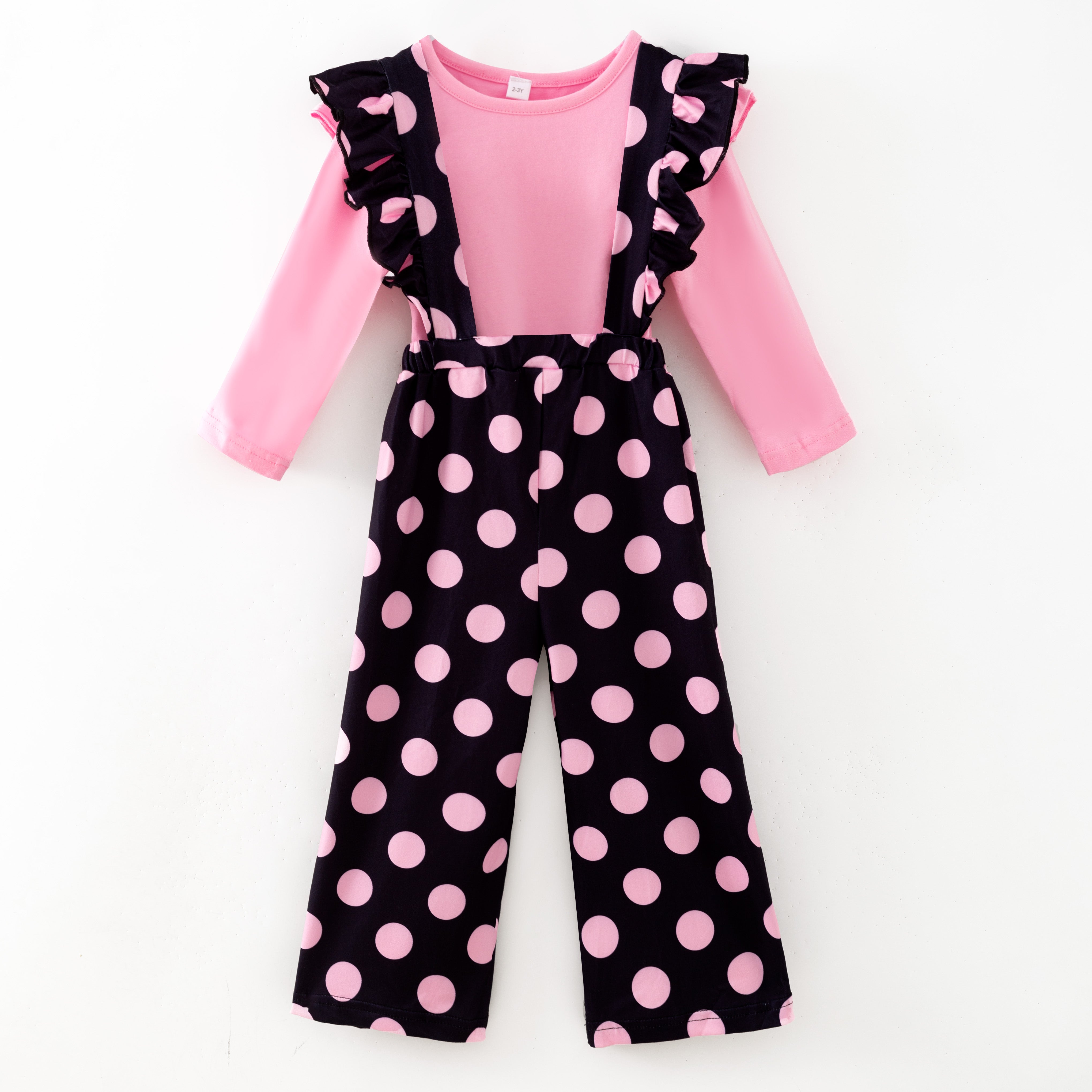 （In Stock）Girls Fall&Winter Pink Polka Dot Overalls set