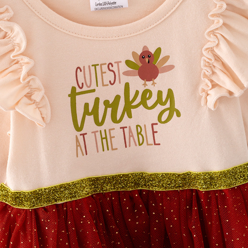 （In Stock L25-4-1）Girls Thanksgiving Turkey Print Tulle Dress