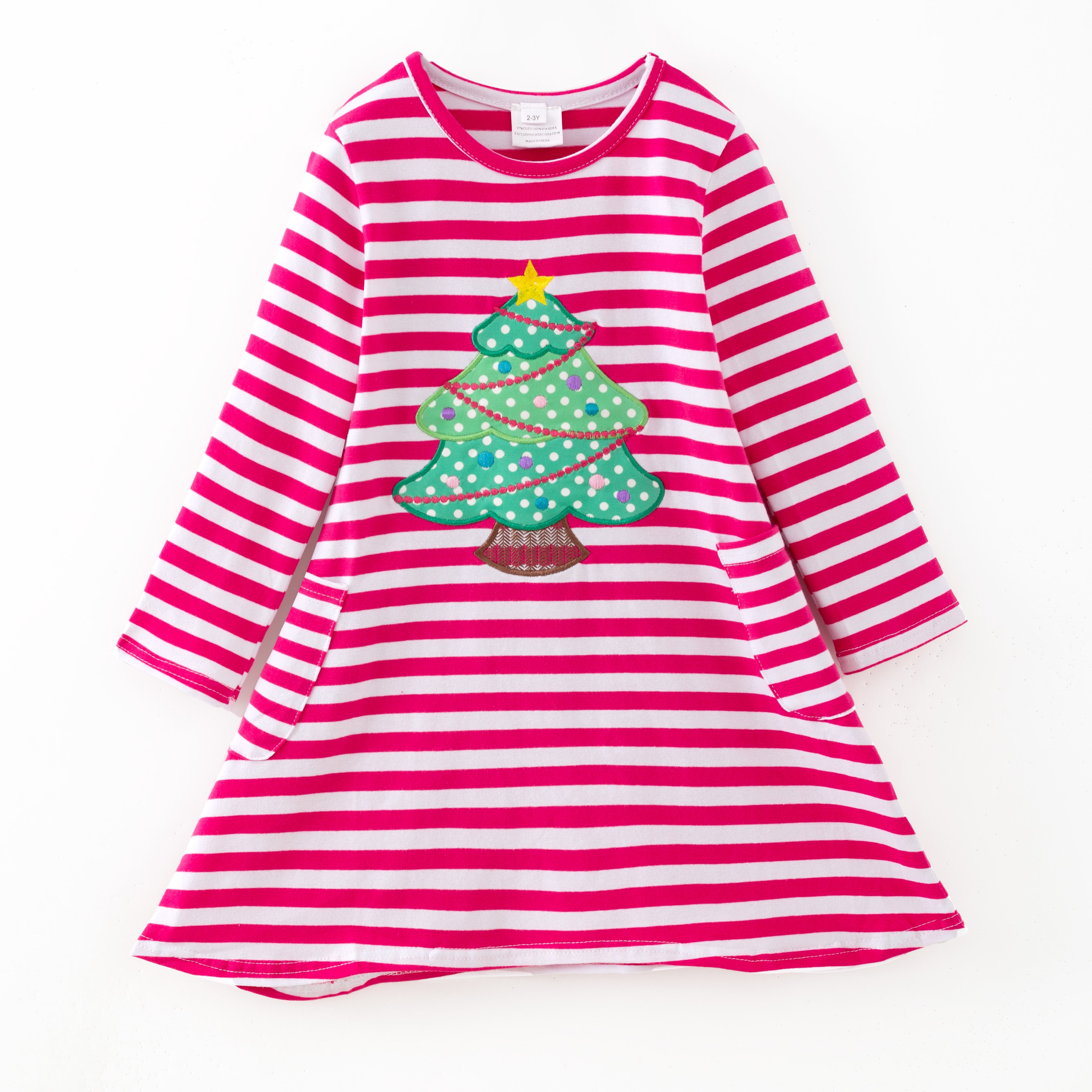 （In Stock）Girls Christmas Applique Cotton Pink Stripe Dress