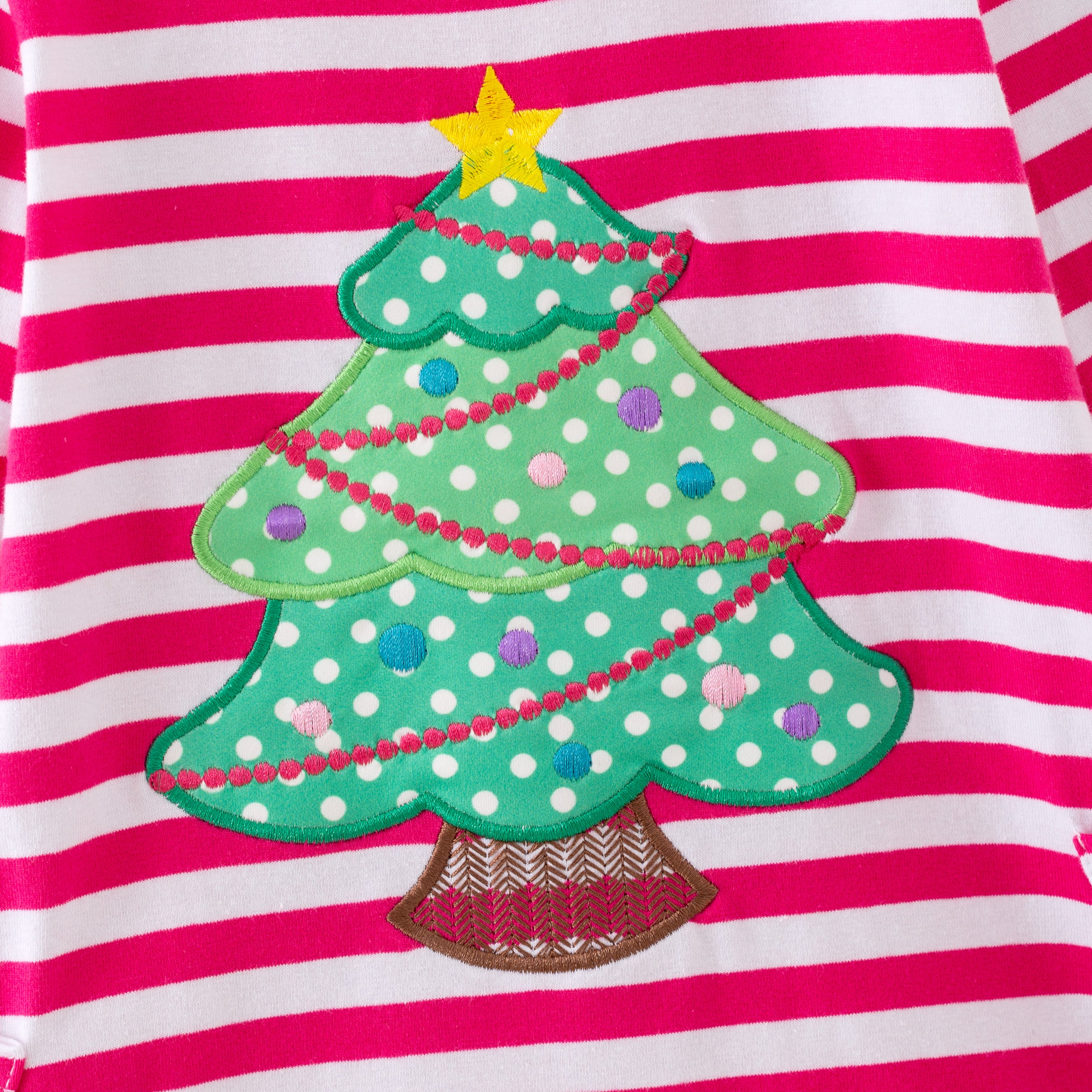 （In Stock）Girls Christmas Applique Cotton Pink Stripe Dress