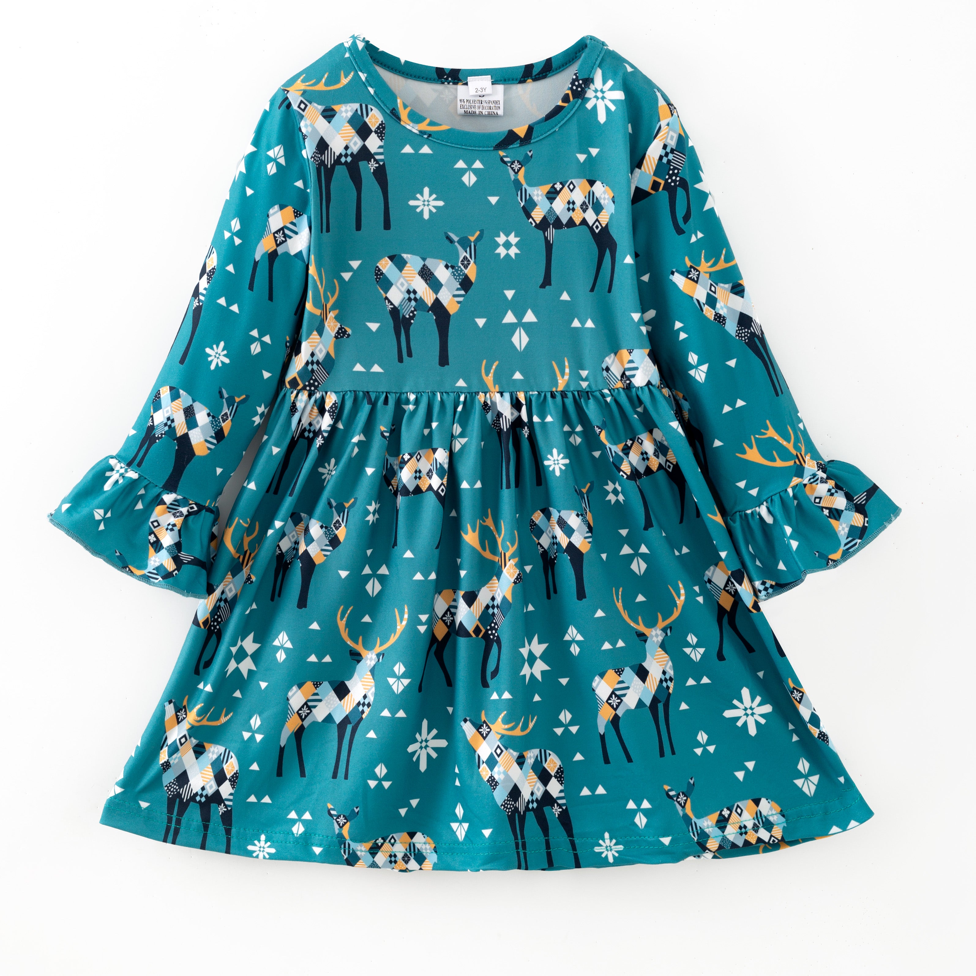 （In Stock）Girls Christmas Elk Print Ruffle Dress