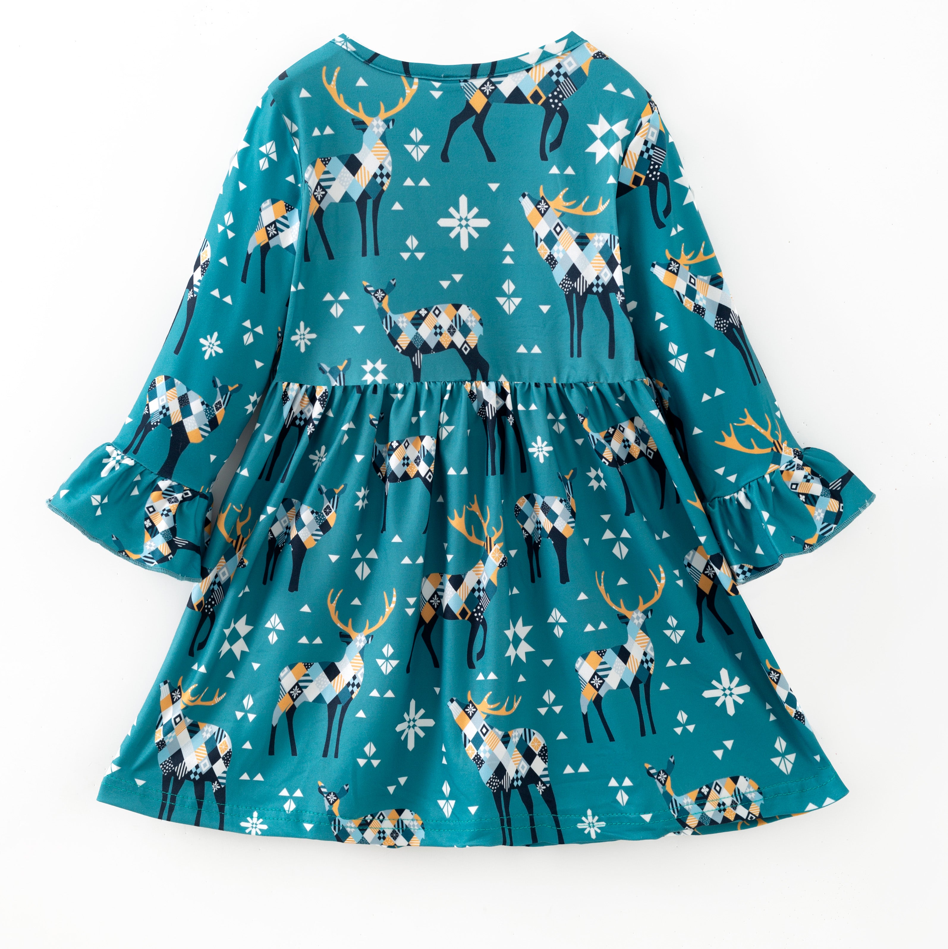 （In Stock）Girls Christmas Elk Print Ruffle Dress