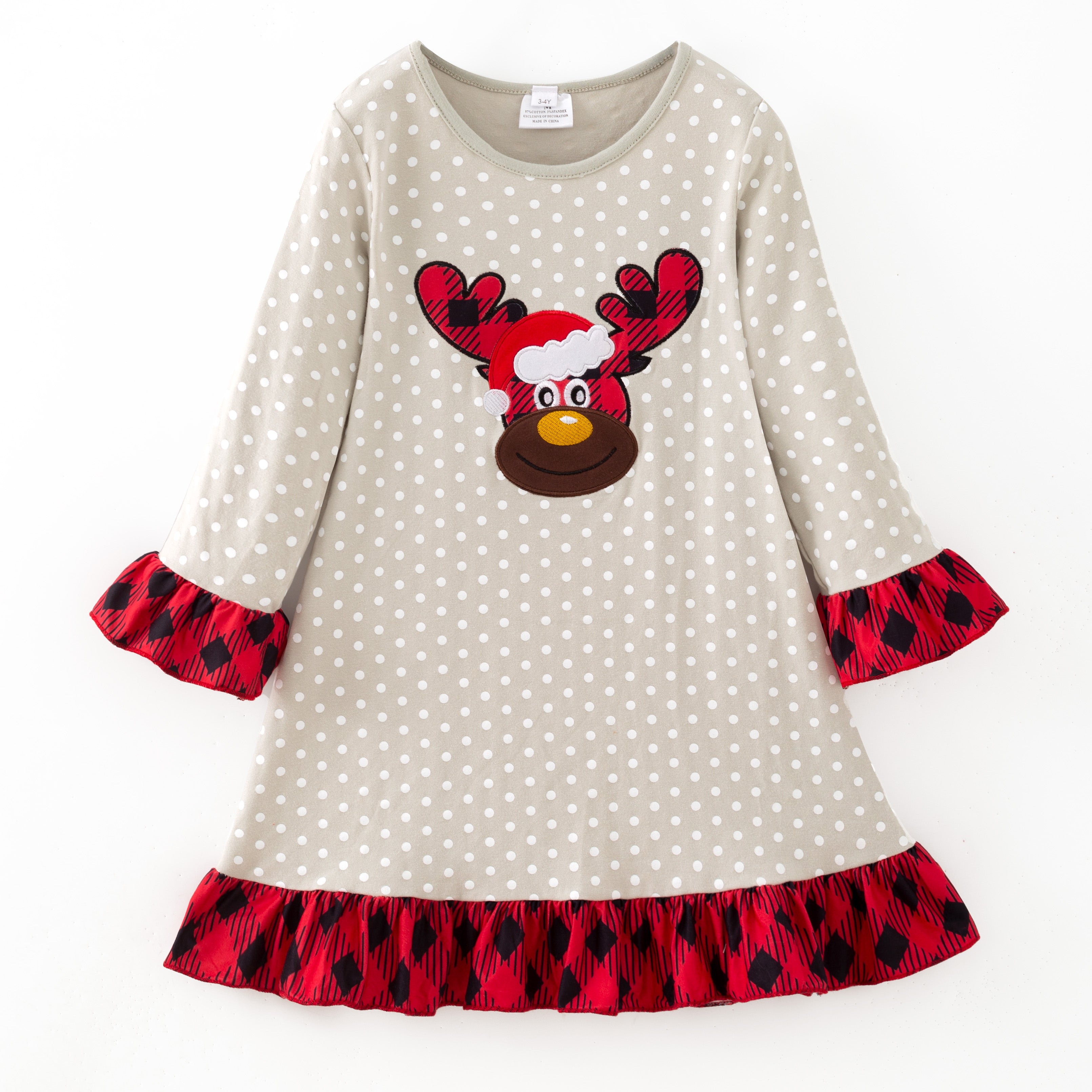 （In Stock）Girls Christmas Elk Applique Cotton Ruffle Dress
