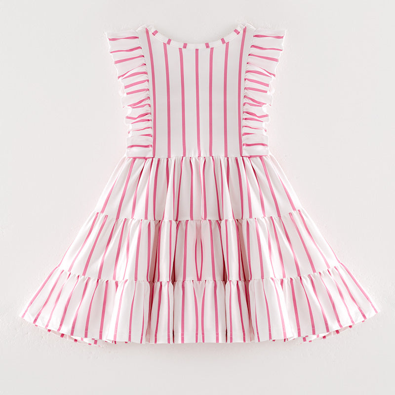 （In Stock）Girls Spring and Summer Pink Stripe Dress