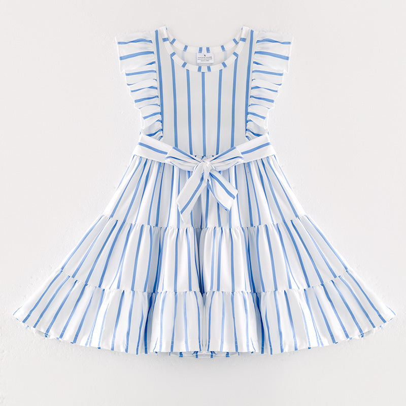 （In Stock）Girls Spring and Summer Blue Stripe Dress