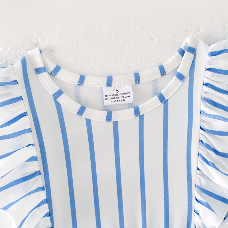 （In Stock）Girls Spring and Summer Blue Stripe Dress