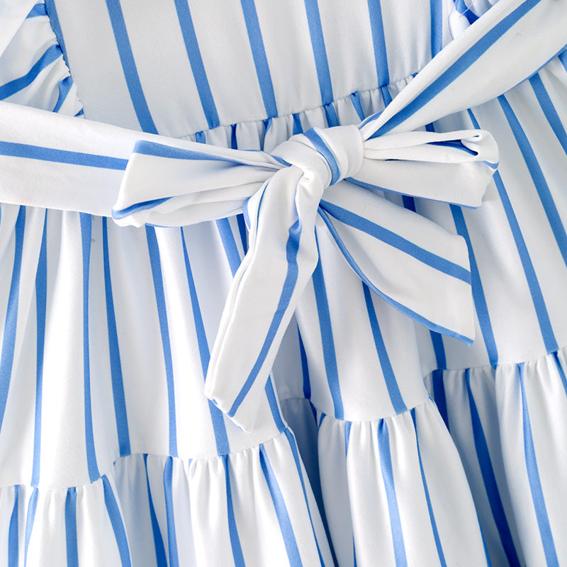 （In Stock）Girls Spring and Summer Blue Stripe Dress